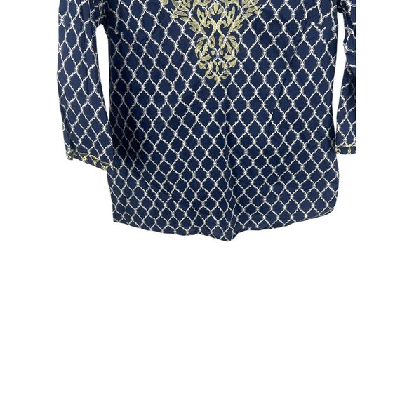Charter Club Womens Petite 8P Navy White Geometric Embroidered Tunic Top Cotton - Picture 6 of 7